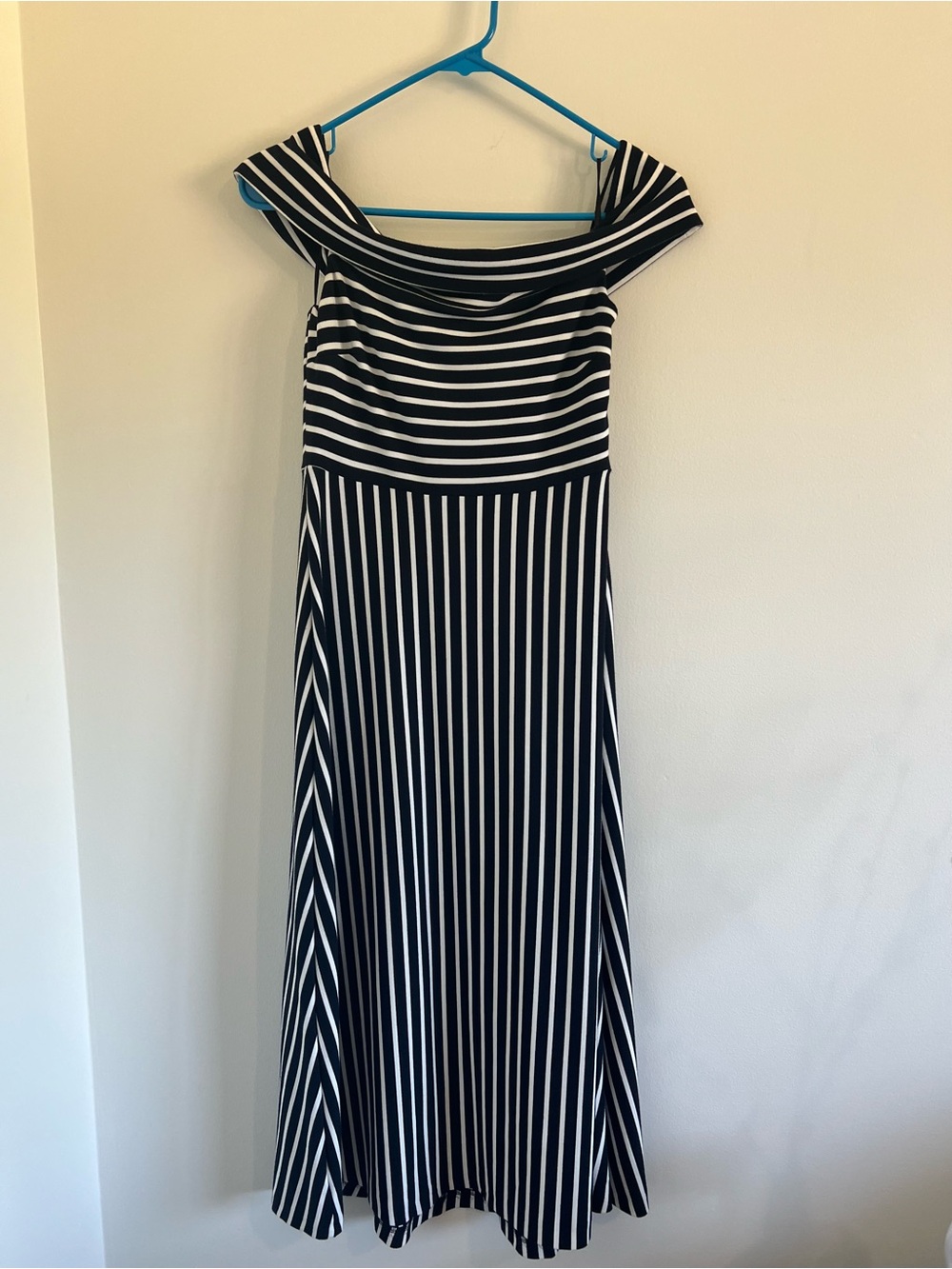 Banana Republic Off the Shoulder Black and White Striped Maxi Dress